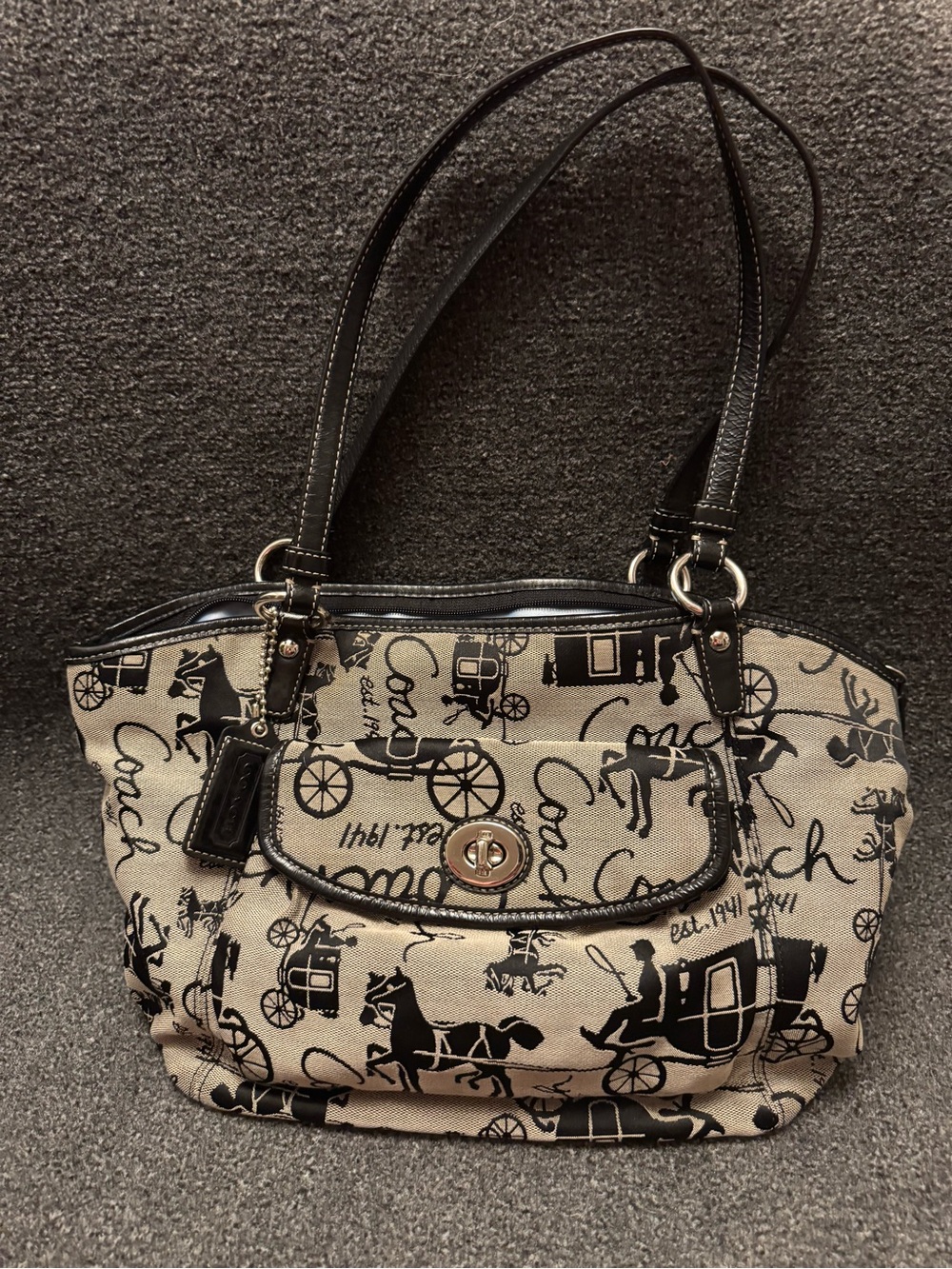 Vintage Coach Horse & Carriage Tote Bag, Black & Grey Jacquard Canvas Shoulder B - Picture 3 of 16
